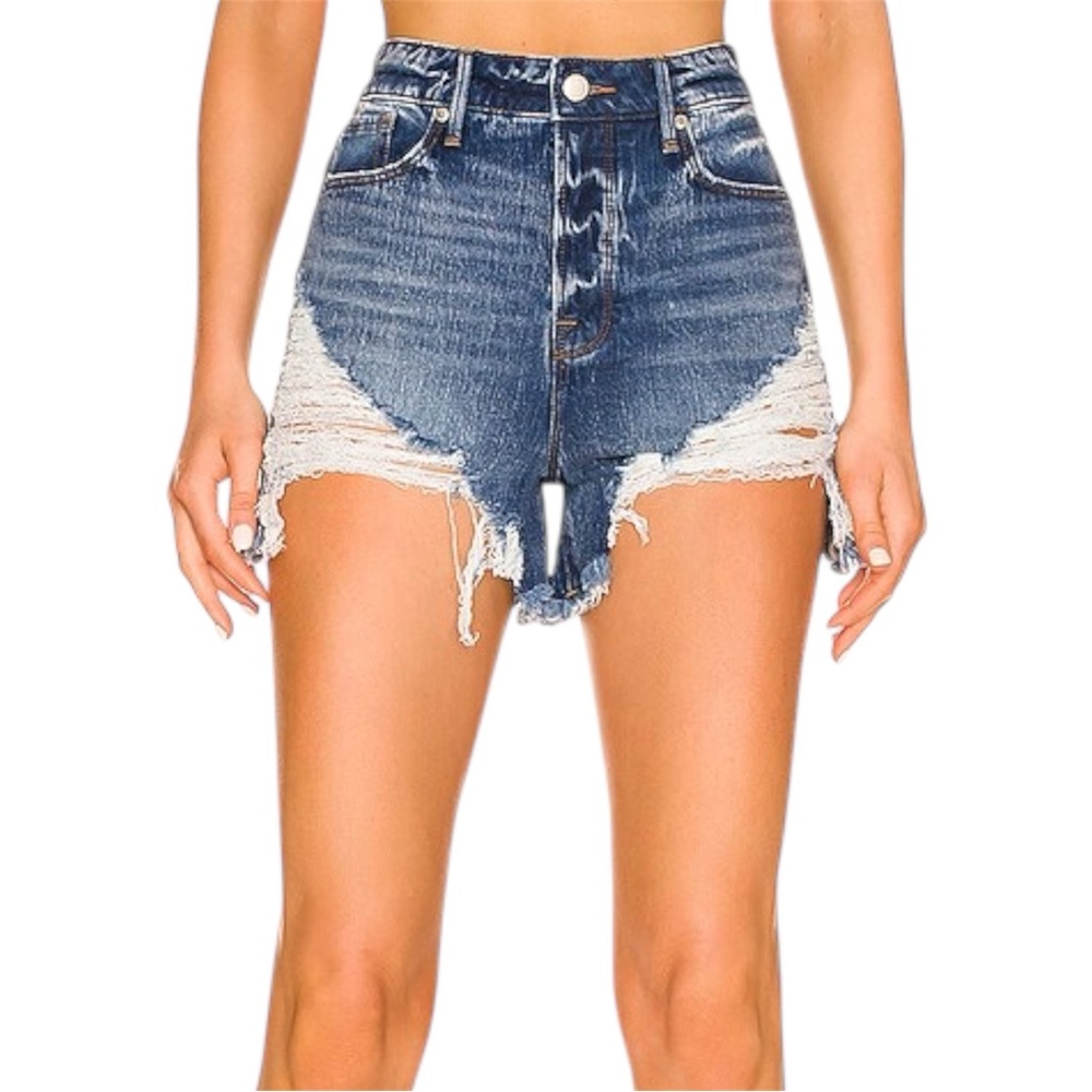 Good American Bombshell Jean Shorts Blue646 High Rise Distressed Denim 4 / 27